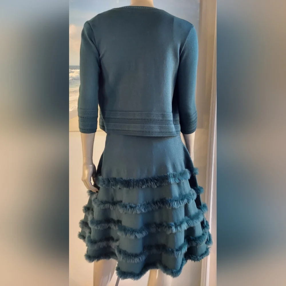 $5,200 OSCAR DE LA RENTA ICONIC GREEN KNIT FUR RUNWAY DRESS JACKET SET US M